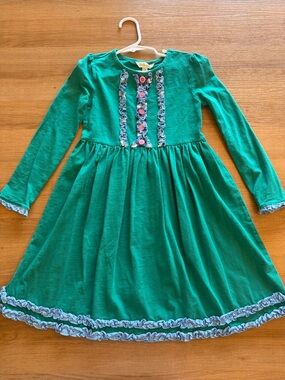 Matilda Jane Emerald Green Long-Sleeve Ruffle Dress with Light Blue Trim